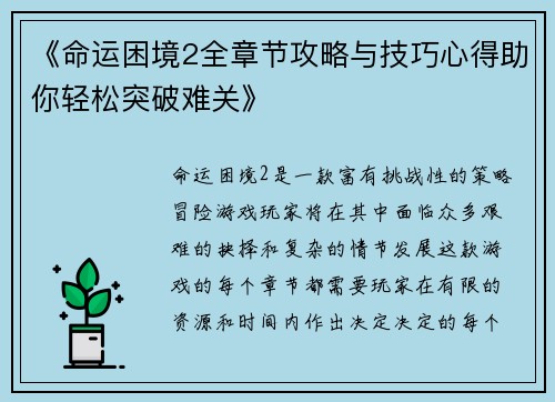 《命运困境2全章节攻略与技巧心得助你轻松突破难关》