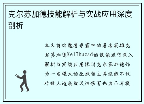 克尔苏加德技能解析与实战应用深度剖析